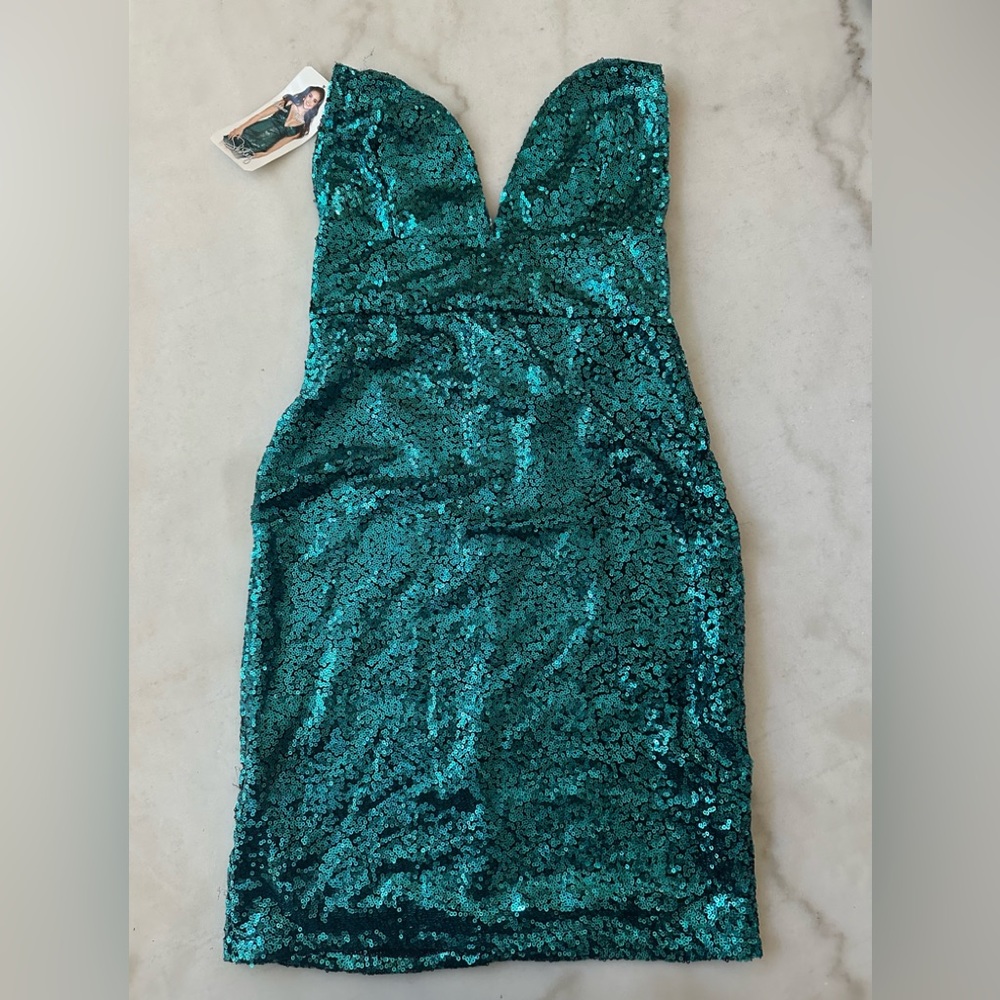 Shirley of Hollywood Showtime Teal Sequin Bodycon Glimmer Sparkle Dress